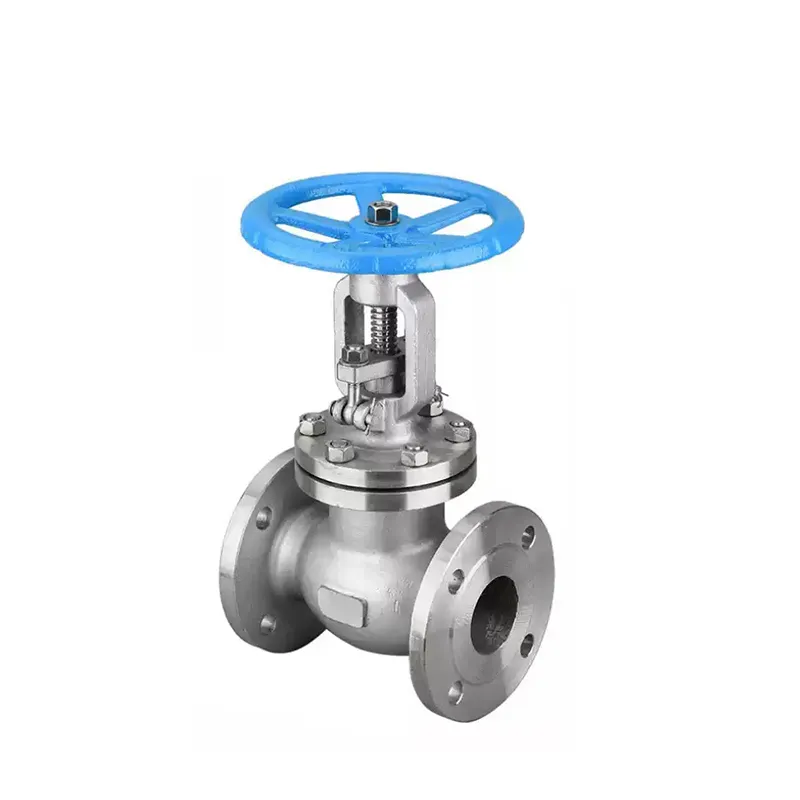 Valvola a sfera manuale in acciaio inox con flangie, Vista frontale che mostra la ruota a mano e la struttura della carrozzeria