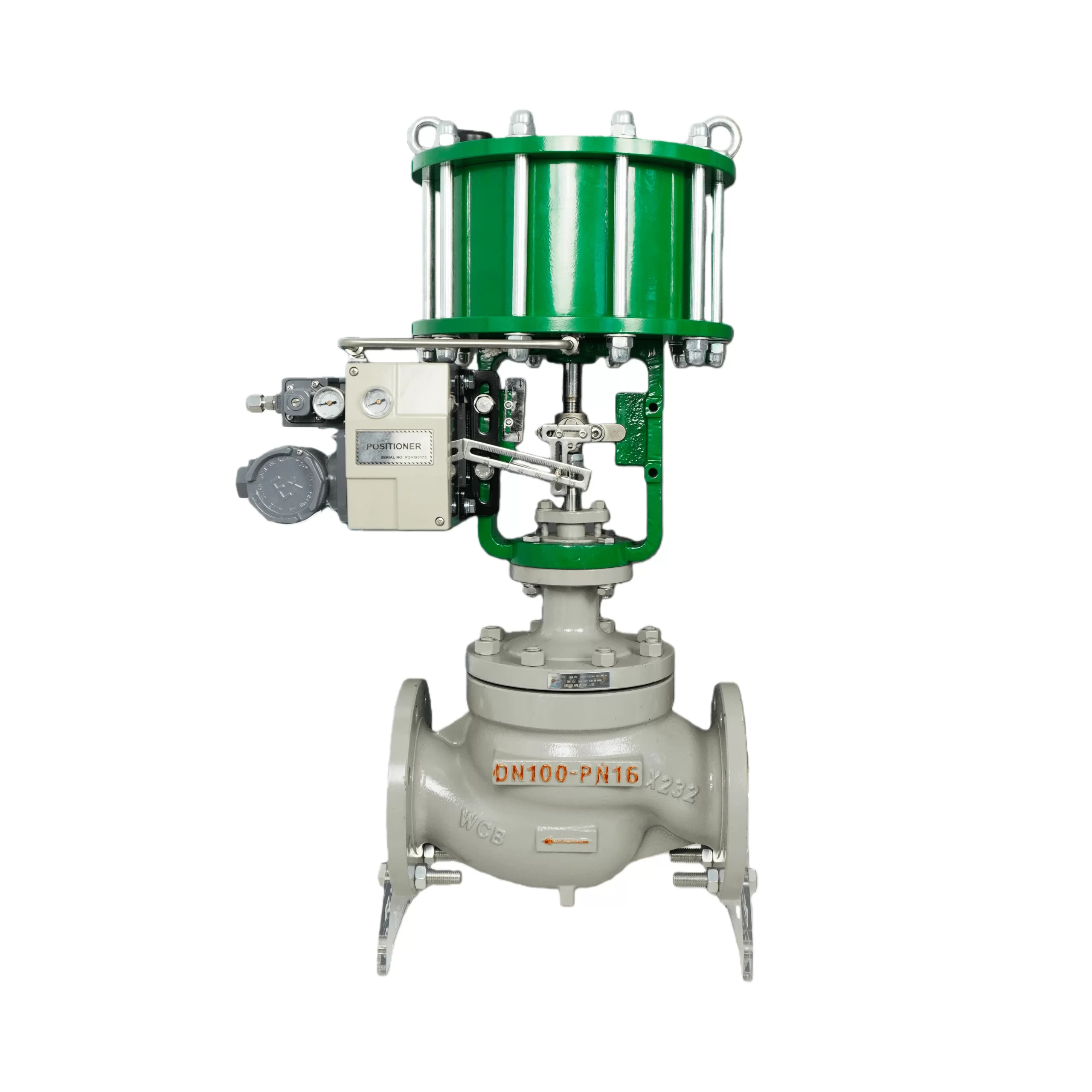 Vista laterale della valvola a globo di controllo pneumatico ZJHM a doppia azione con posizionatore