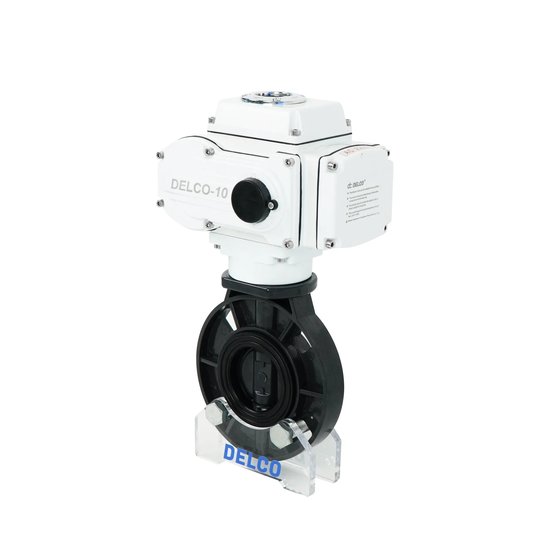 Vista laterale destra della valvola farfalla UPVC elettrica DK56-PB che mostra la connessione dell'attuatore e i dettagli del corpo valvola.