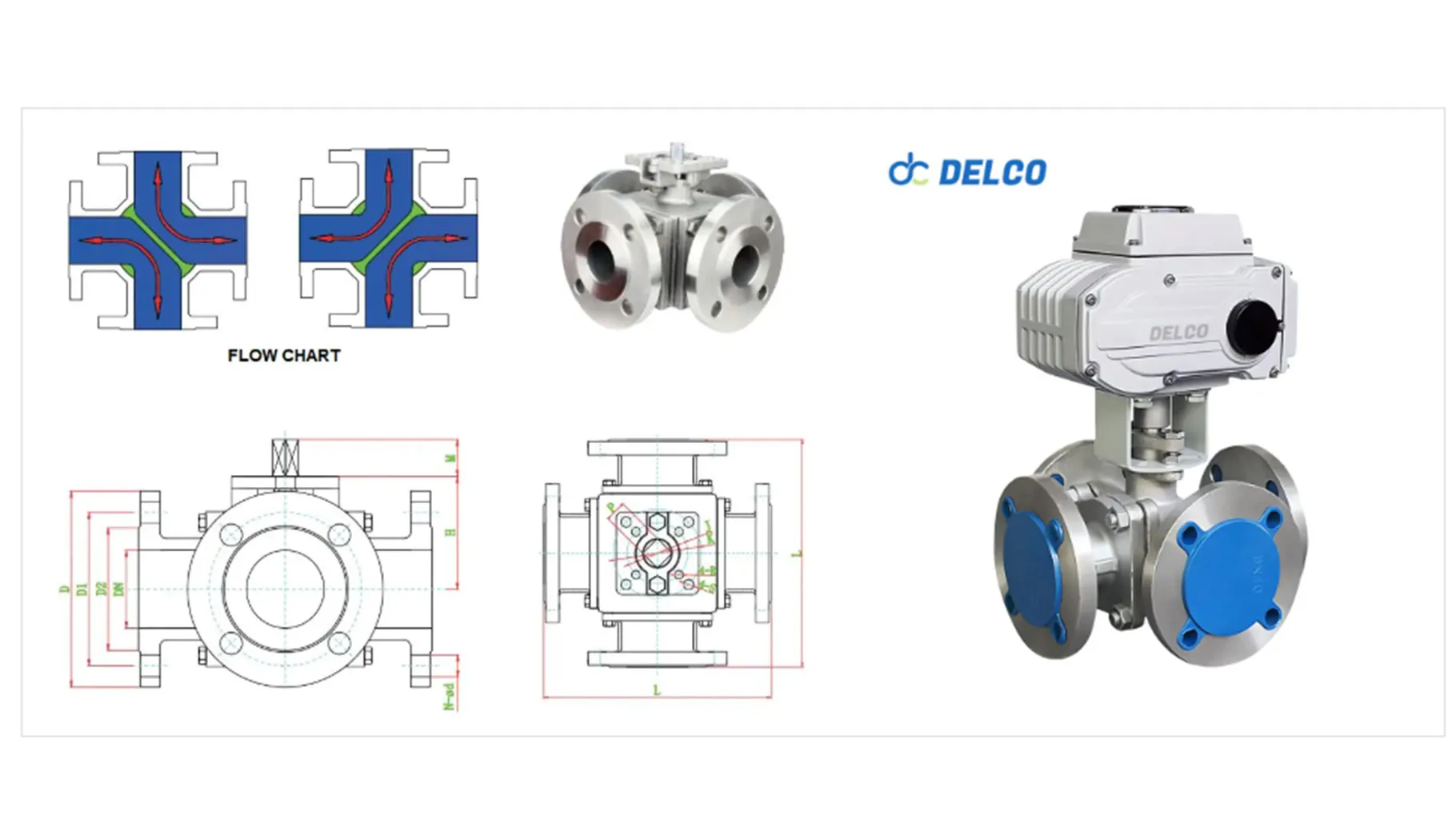 Valvola a sfera elettrica a quattro vie con flangia e disegno.